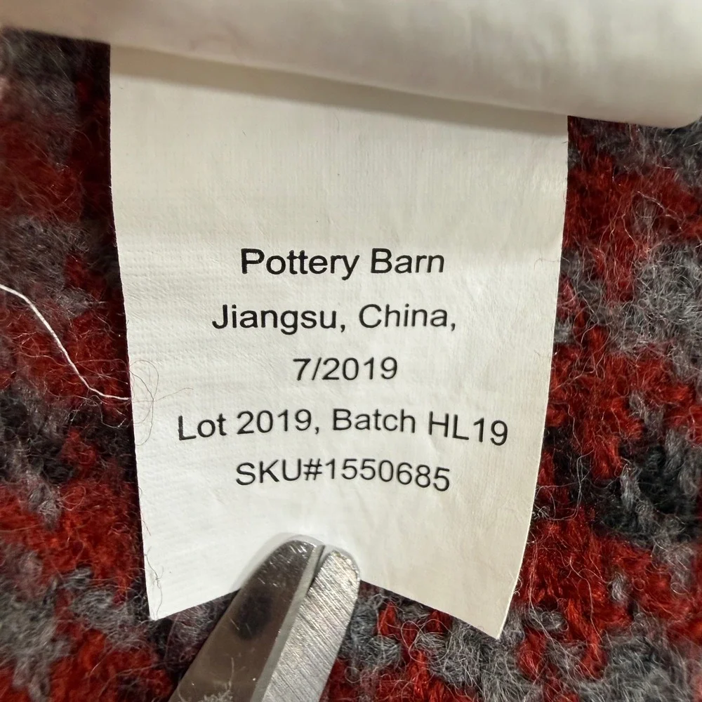 Pottery Barn Reversible Plaid Throw Blanket Red Grey Houndstooth Fringe 50x60